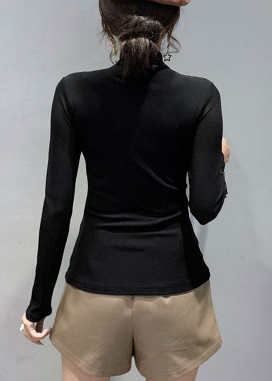 Plus Size Black Stand Collar tulle Patchwork tops Spring