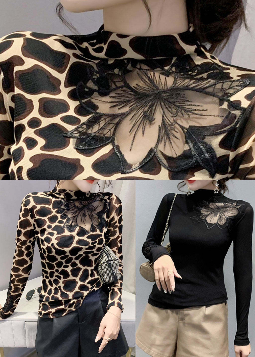 Plus Size Black Stand Collar tulle Patchwork tops Spring