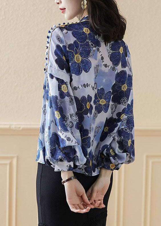 Plus Size Blue Stand Collar button print Silk Shirt Top Spring