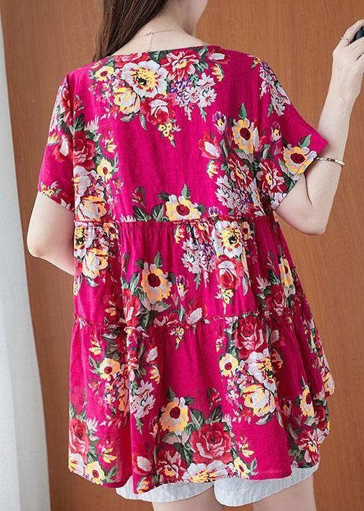 Plus Size Rose Print Cinched Cotton Linen Blouses Summer - SooLinen