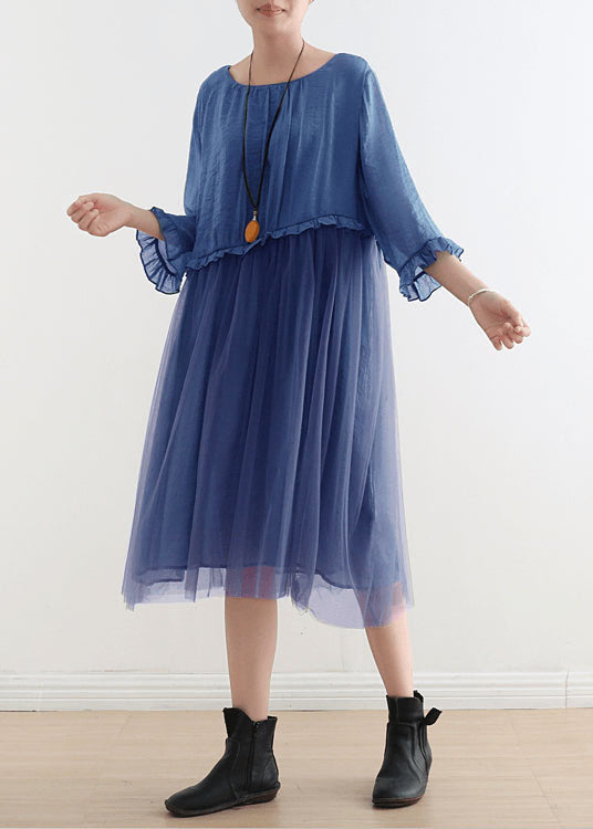 2025 Blue-green leaves Tull Maxi dresses patchwork chiffon Summer Dresses