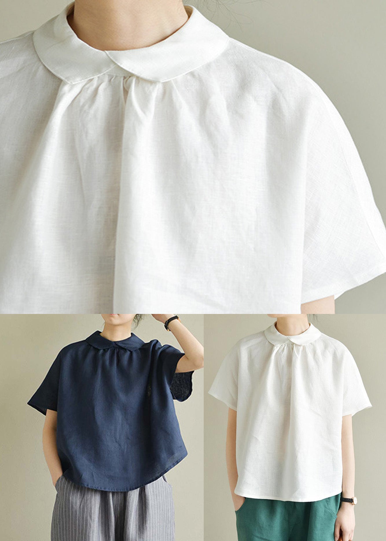 Simple White Peter Pan Collar Solid Linen Shirt Summer