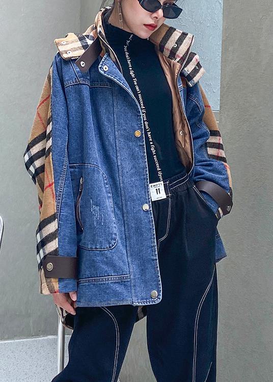Style hooded patchwork tunics for women denim blue Plus Size Clothing outwear - SooLinen