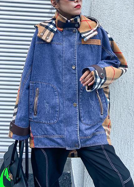 Style hooded patchwork tunics for women denim blue Plus Size Clothing outwear - SooLinen