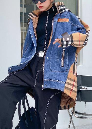Style hooded patchwork tunics for women denim blue Plus Size Clothing outwear - SooLinen