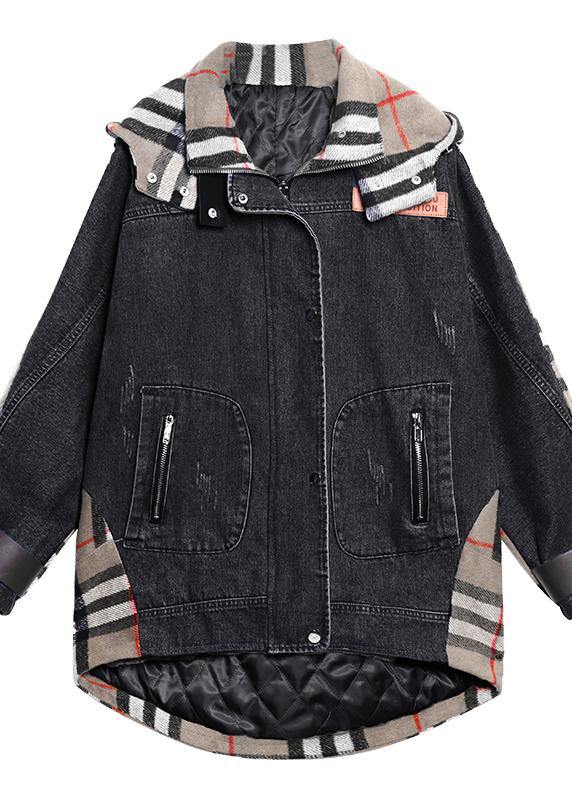 Style hooded patchwork tunics for women denim blue Plus Size Clothing outwear - SooLinen