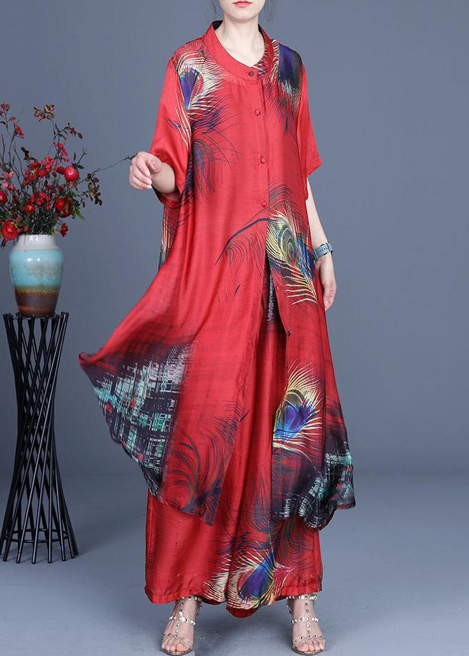 Summer 2025 Loose Silk Red Print Coat + Two Piece Pants