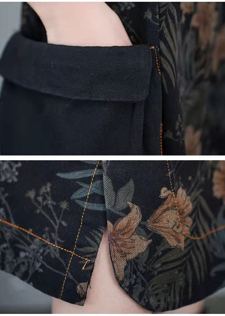 Vintage Denim Print Pockets Dress Summer Cotton Dress