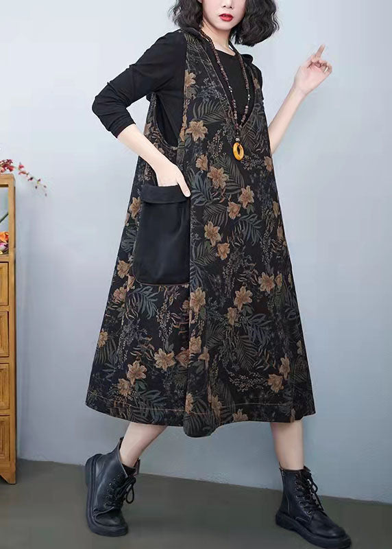 Vintage Denim Print Pockets Dress Summer Cotton Dress