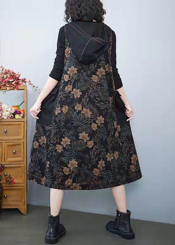 Vintage Denim Print Pockets Dress Summer Cotton Dress