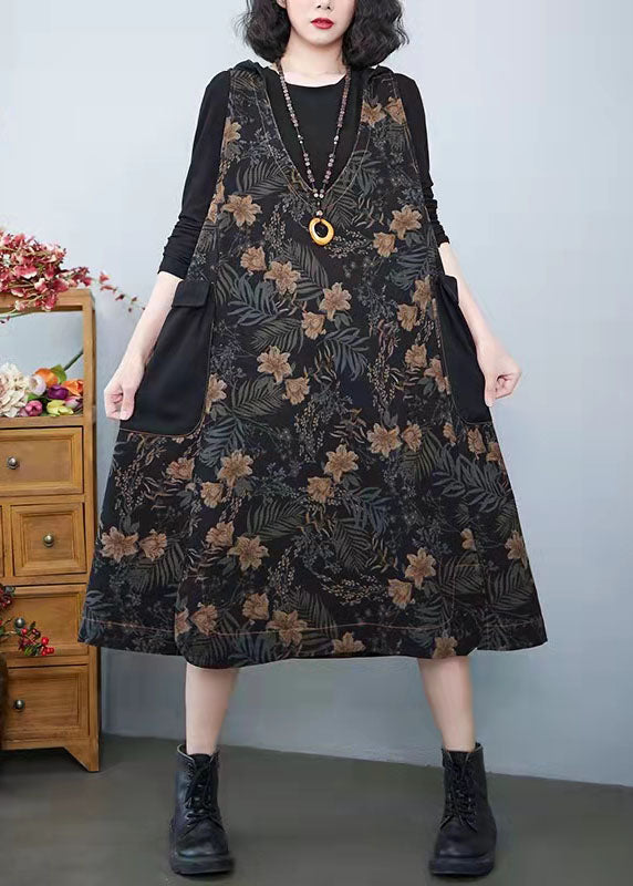 Vintage Denim Print Pockets Dress Summer Cotton Dress