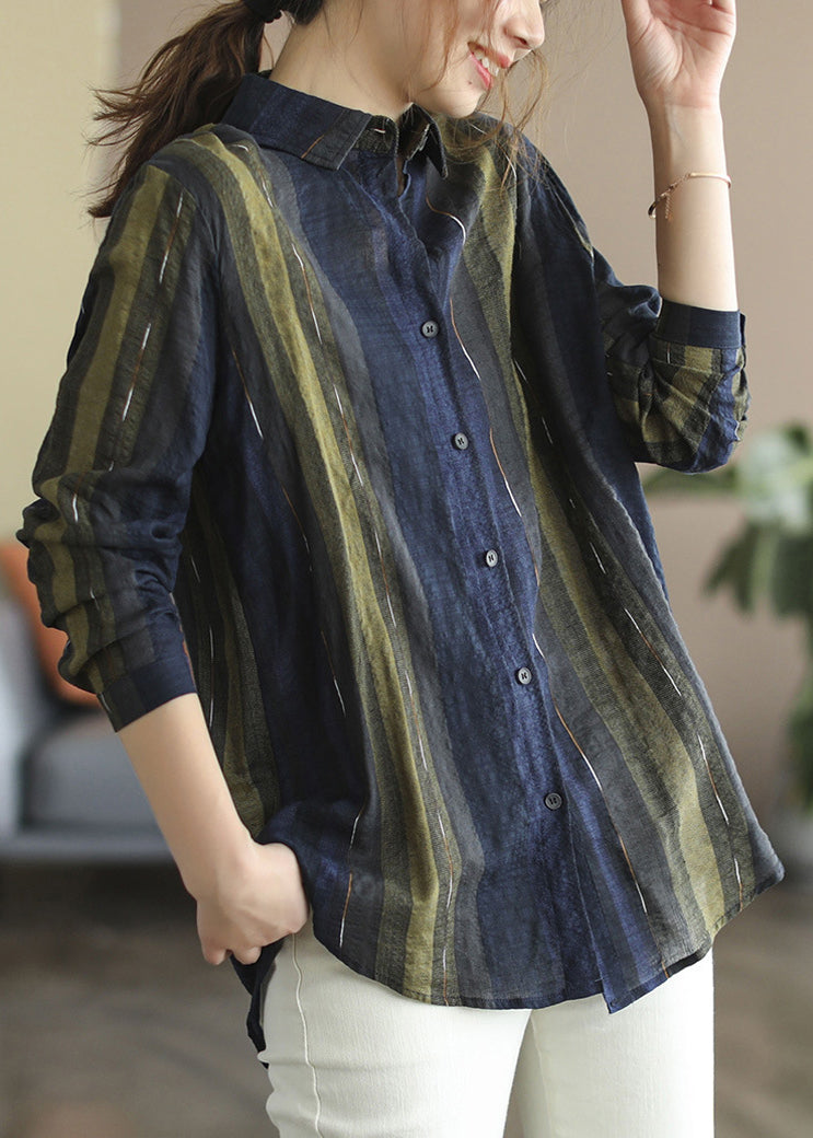 Women Navy Peter Pan Collar Shirt Top Long Sleeve
