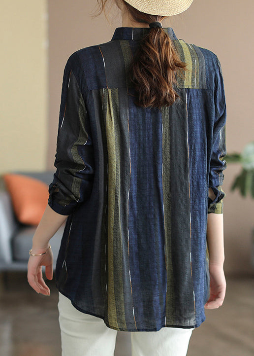 Women Navy Peter Pan Collar Shirt Top Long Sleeve