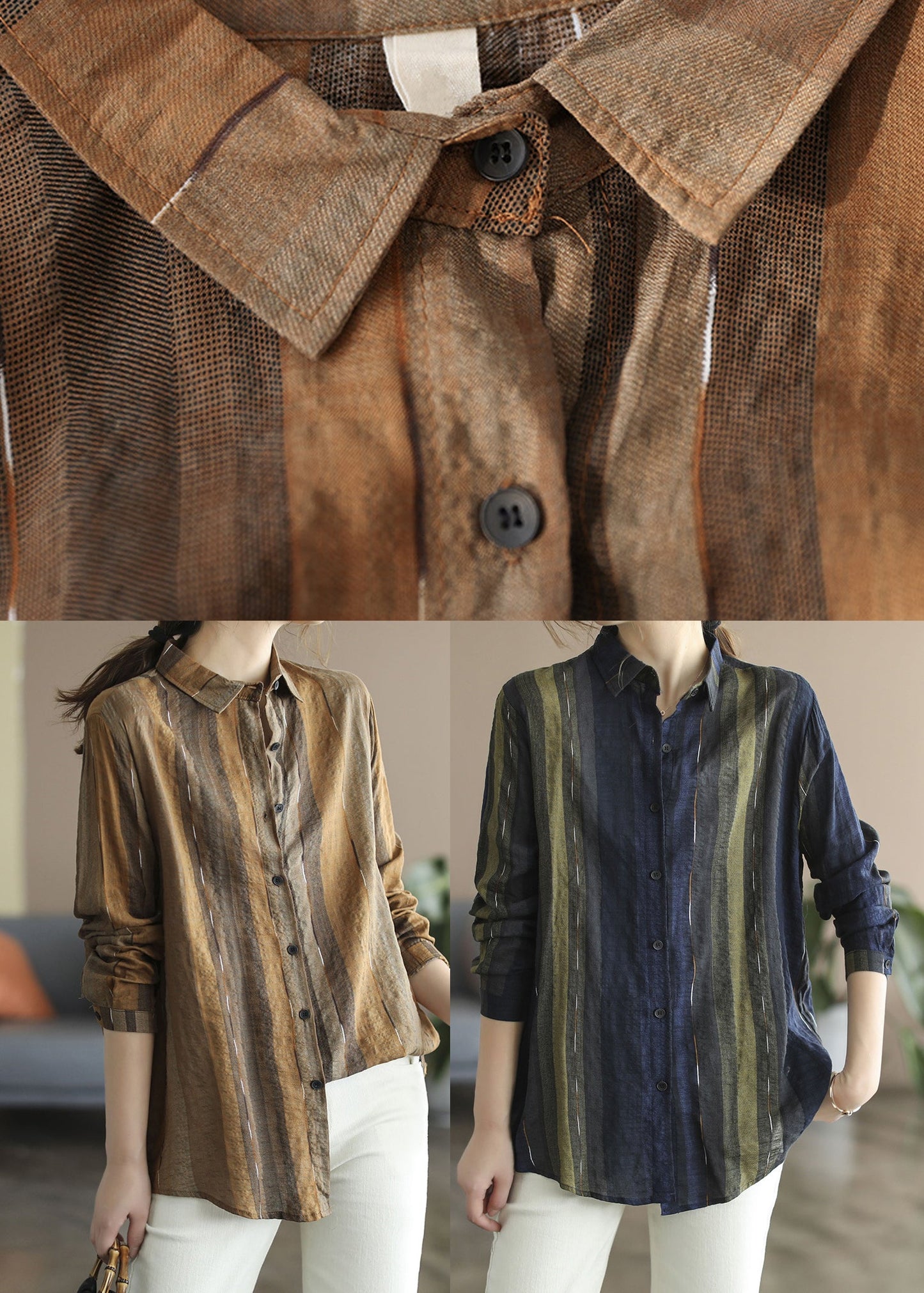 Women Navy Peter Pan Collar Shirt Top Long Sleeve