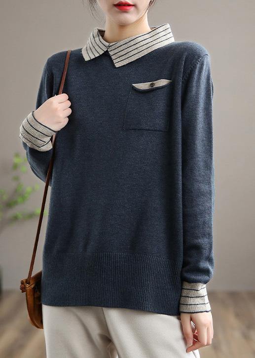 Women Nude Knit Tops Clothing Lapel Patchwork Knit Top Silhouette - SooLinen