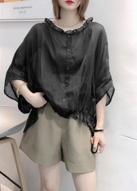 Summer Red Tops Ruffles Trim Half Sleeve Shirts Blouse Plus Size