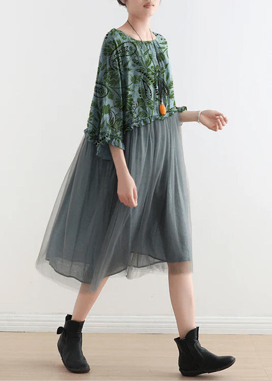 2025 Blue-green leaves Tull Maxi dresses patchwork chiffon Summer Dresses