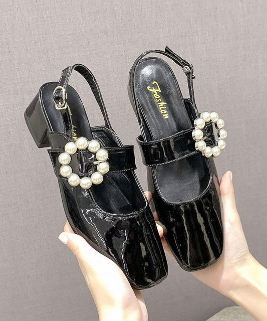 Black High Heels Chunky Faux Leather Comfy Buckle Strap High Heels - SooLinen