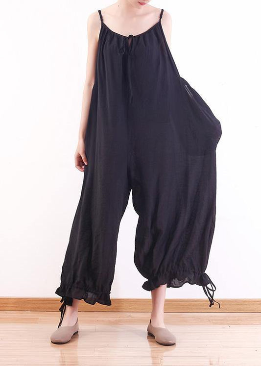 Black loose drawstring  suspender wide leg jumpsuit - SooLinen