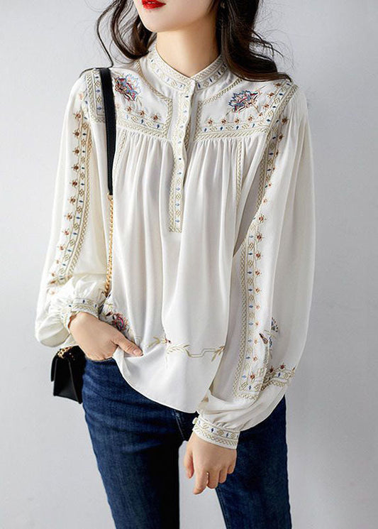 Elegant White 2025 Embroideried Chiffon Blouse Tops Long Sleeve