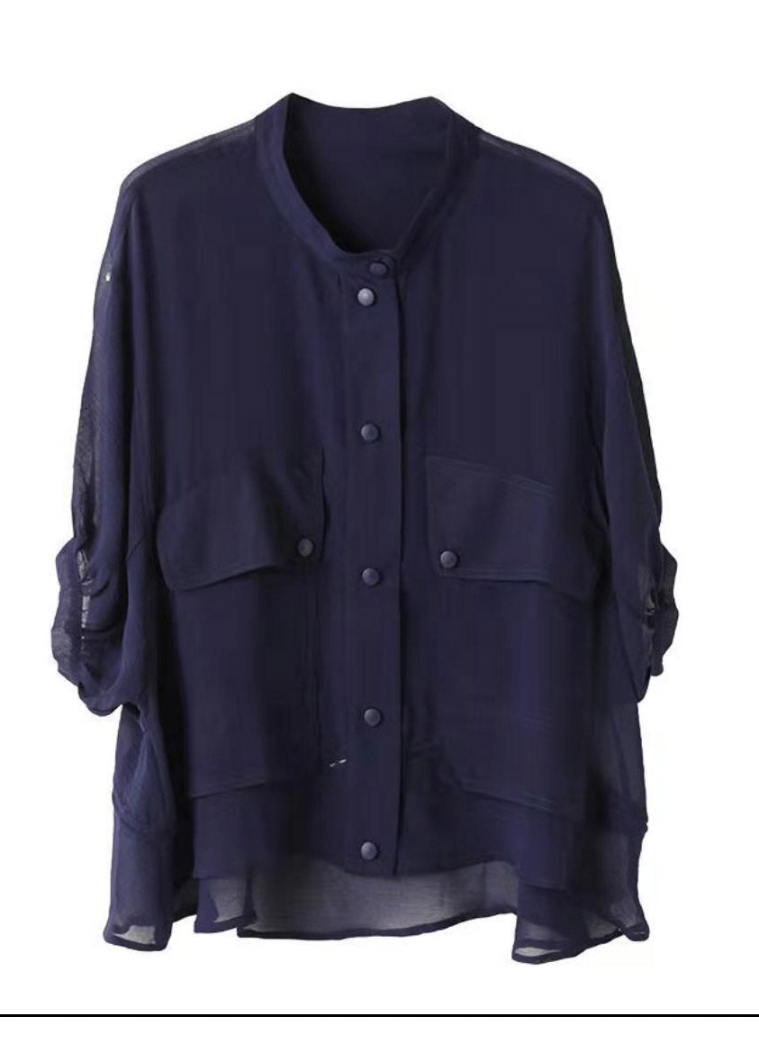 Fashion Blue Stand Collar Pockets Button Chiffon UPF 50+ Coats lantern sleeve