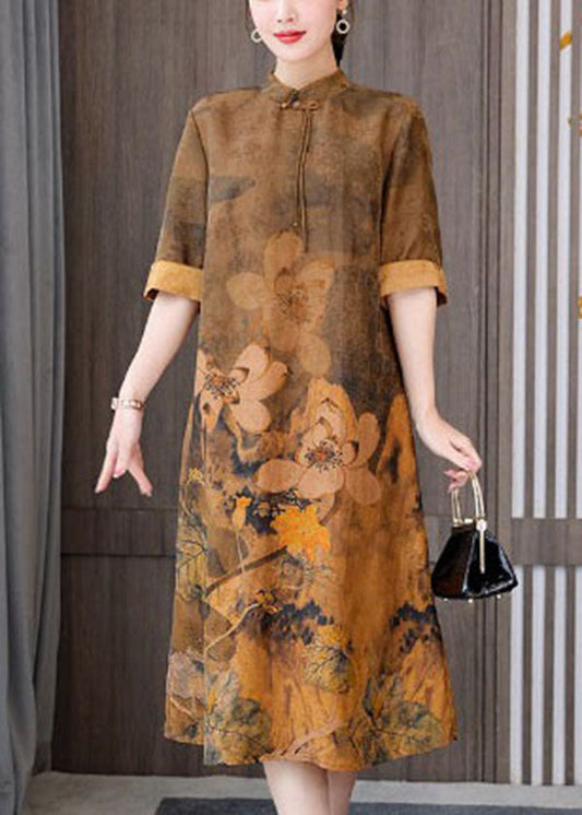 Fitted Yellow Zippered Stand Collar Chinese Style Silk Dress Short Sleeve