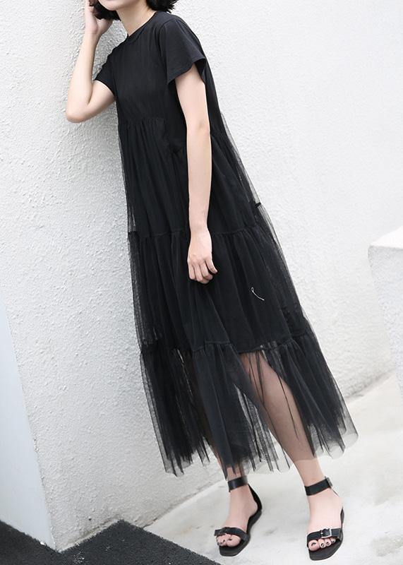 Loose black cotton Tunic asymmetric patchwork A Line summer Dress - SooLinen