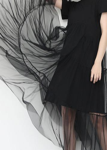 Loose black cotton Tunic asymmetric patchwork A Line summer Dress - SooLinen