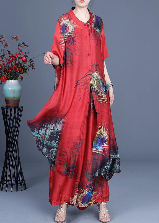 Summer 2025 Loose Silk Red Print Coat + Two Piece Pants