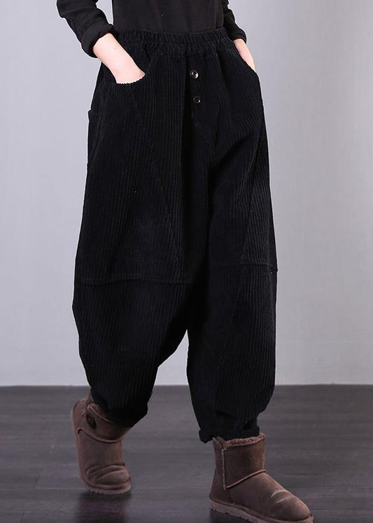 Unique black trousers oversized fall Corduroy pockets Cotton women trousers - SooLinen