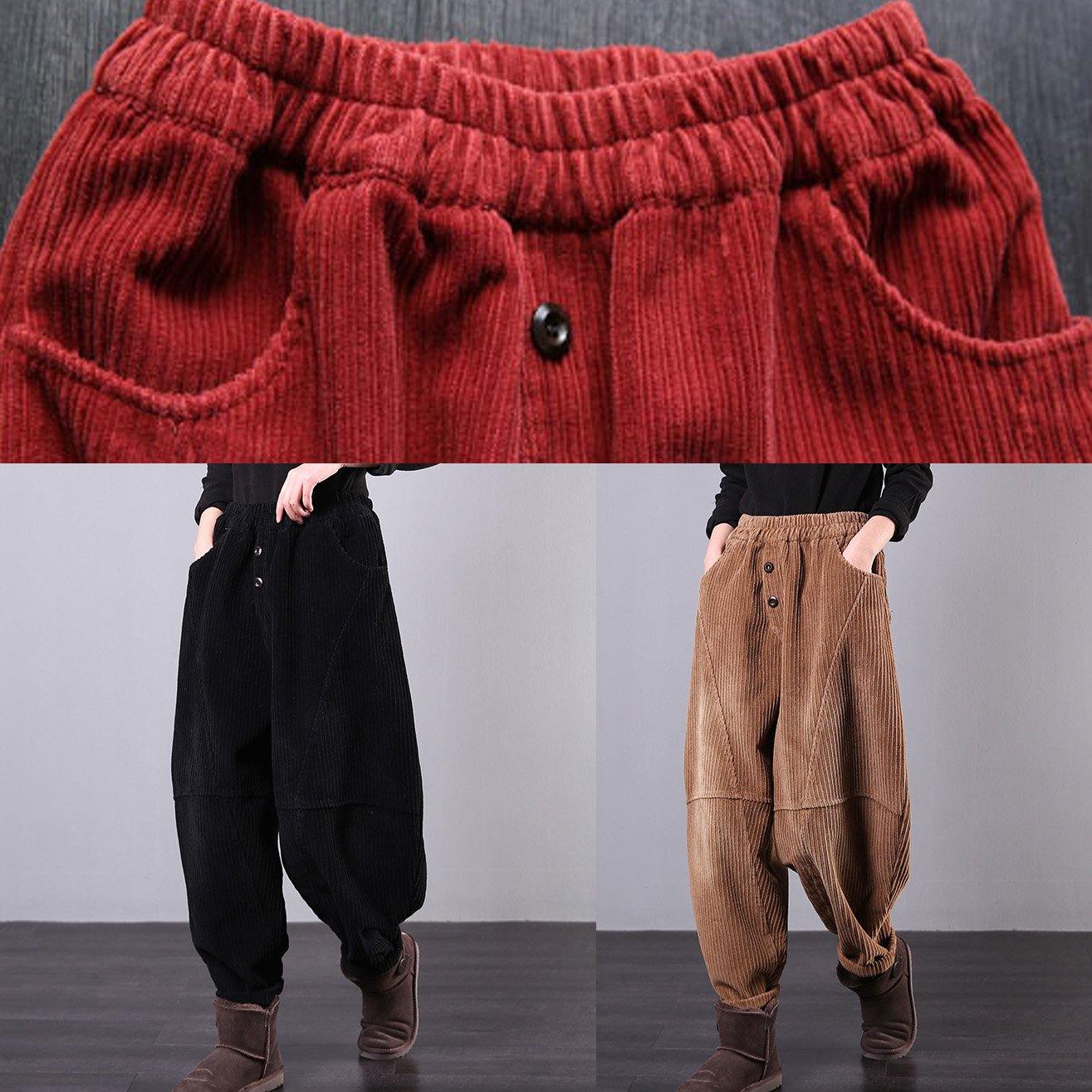 Unique black trousers oversized fall Corduroy pockets Cotton women trousers - SooLinen