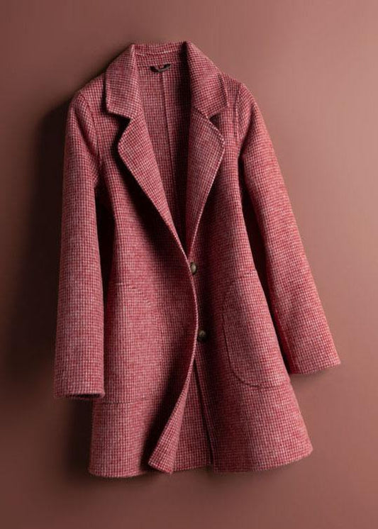 Unique rose plaid Fine tunics for women Neckline Notched pockets coat - SooLinen