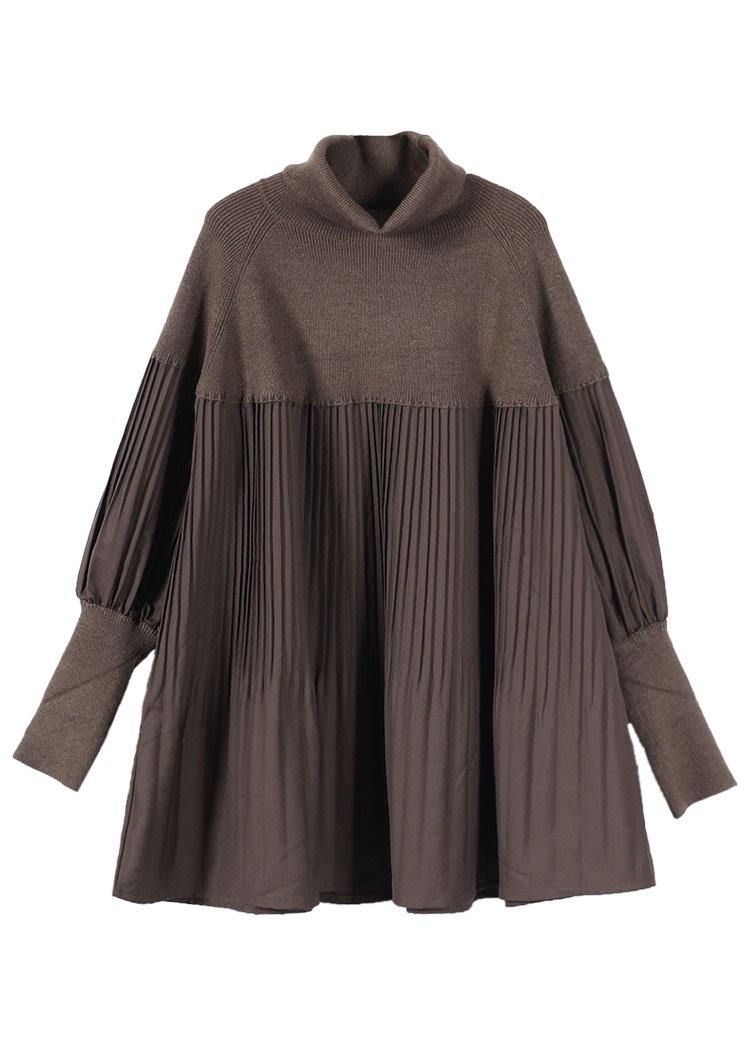 Vintage Chocolate High Neck Patchwork Fall Sweater Dress - SooLinen