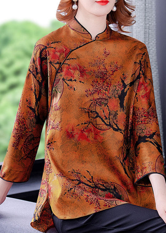 Vintage Ginger Stand Collar side open print Silk Blouse Top Spring