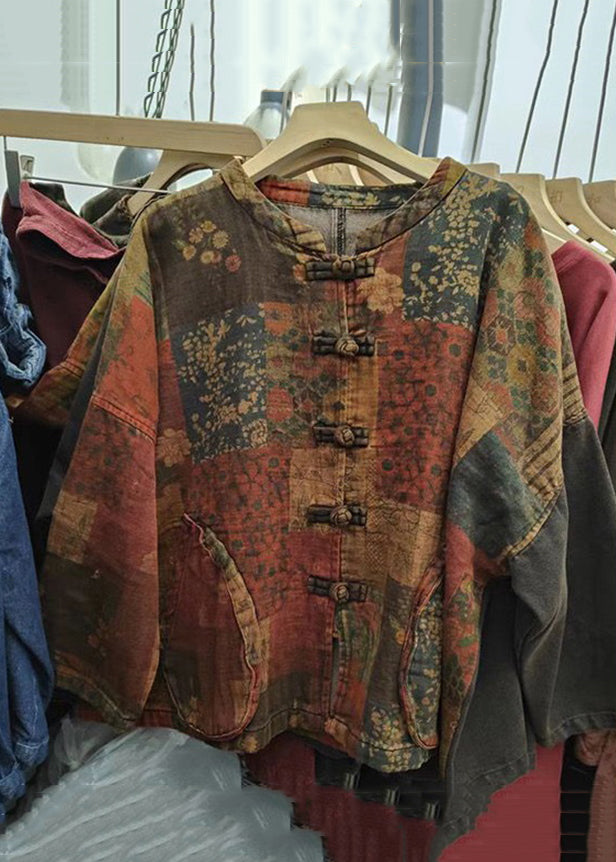 Vintage Print Button Patchwork Cotton Coat Long Sleeve