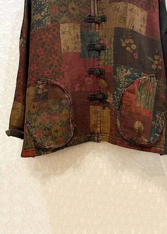 Vintage Print Button Patchwork Cotton Coat Long Sleeve