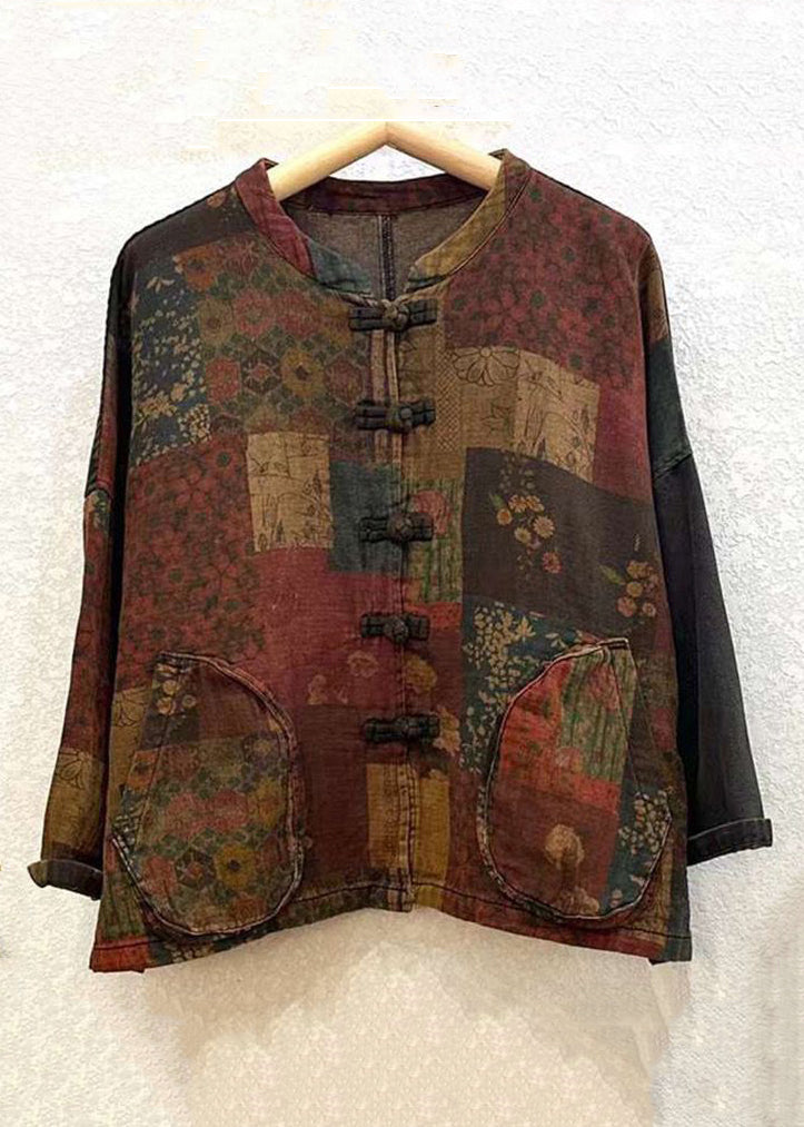 Vintage Print Button Patchwork Cotton Coat Long Sleeve