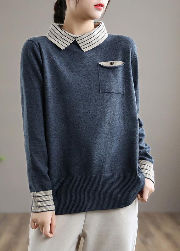 Women Nude Knit Tops Clothing Lapel Patchwork Knit Top Silhouette - SooLinen