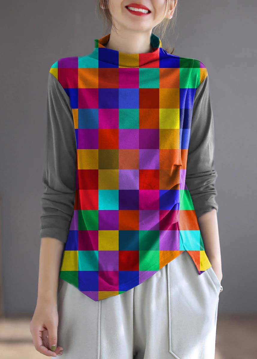 Vintage Blue Turtleneck asymmetrical design Patchwork Fall Tops